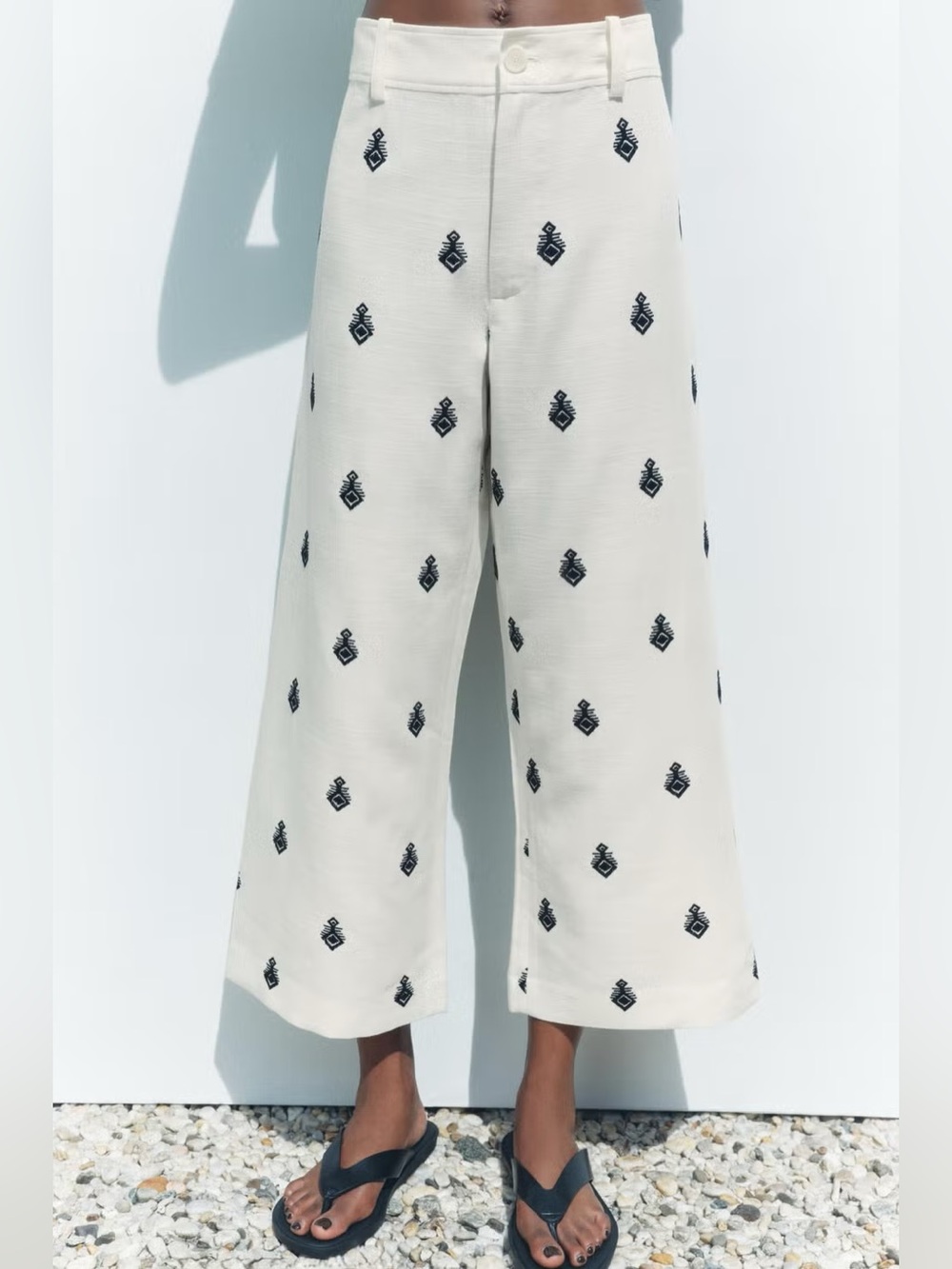 ZARA NWT Linen Wide-Leg Embroidered Pants